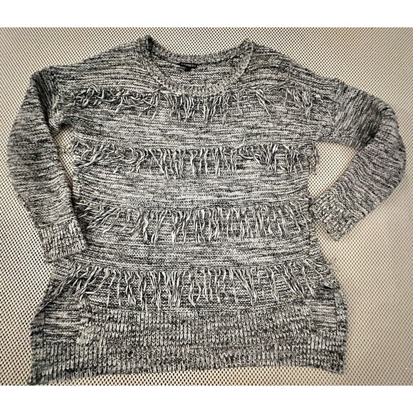 Express Womens Fringe Sweater Gray Tunic Size S Marled Chunky Knit Black White - Picture 5 of 16